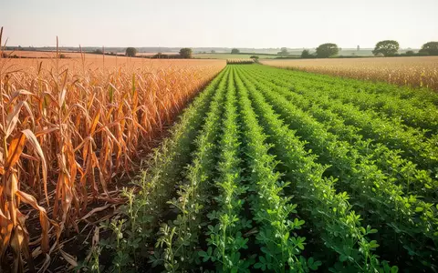 Ein landwirtschaftliches Feld mit einem Übergang von vertrockneten Maispflanzen zu grünen Kichererbsen unter sommerlichem Sonnenlicht. - Foto: über boerse-global.de