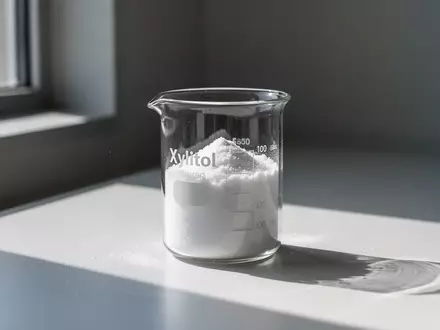 Weiße Xylit-Kristalle in einem Glasbecher auf einem sterilen Labortisch bei natürlichem Licht. - Foto: über boerse-global.de