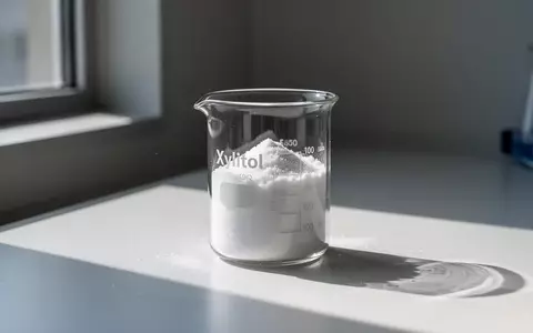 Weiße Xylit-Kristalle in einem Glasbecher auf einem sterilen Labortisch bei natürlichem Licht. - Foto: über boerse-global.de