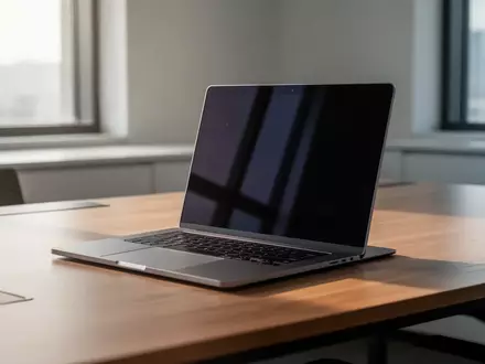 Ein moderner, minimalistischer Arbeitsplatz mit einem Laptop auf einem Holztisch in einem hellen Büro. - Foto: über boerse-global.de