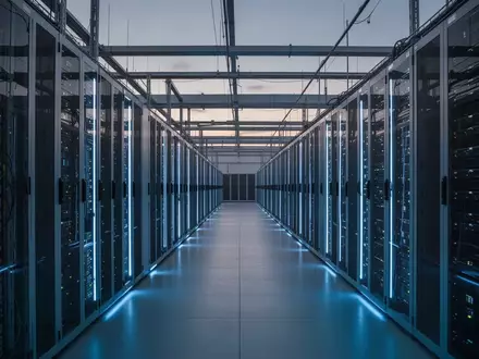Modernes Rechenzentrum mit langen Server-Regalen in kühler Beleuchtung. - Foto: über boerse-global.de