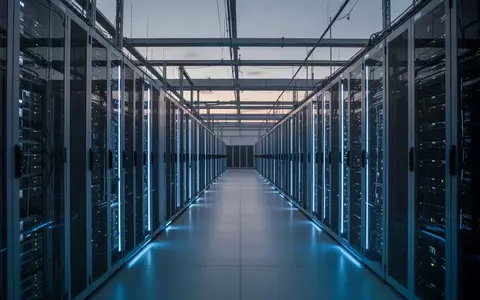 Modernes Rechenzentrum mit langen Server-Regalen in kühler Beleuchtung. - Foto: über boerse-global.de