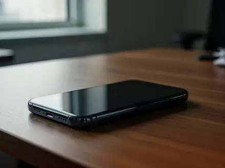 Ein Smartphone liegt auf einem hölzernen Schreibtisch in einem dezent beleuchteten Raum, der Bildschirm ist dunkel. - Foto: über boerse-global.de