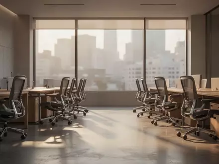Ein modernes, leeres Büro mit ergonomischen Schreibtischen und langen Schatten bei Tageslicht. - Foto: über boerse-global.de