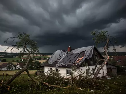 Ein durch ein schweres Unwetter beschädigtes Wohnhaus mit abgedecktem Dach vor einem dunklen, gewittrigen Himmel. - Foto: über boerse-global.de