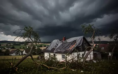 Ein durch ein schweres Unwetter beschädigtes Wohnhaus mit abgedecktem Dach vor einem dunklen, gewittrigen Himmel. - Foto: über boerse-global.de