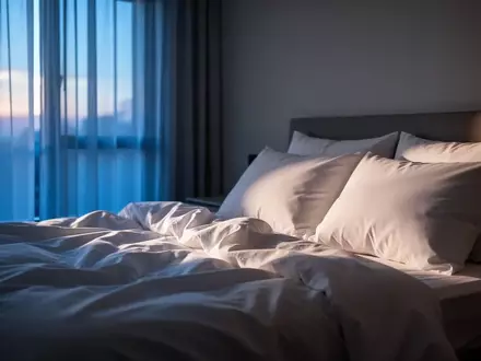 Ein ungemachtes Bett in einem ruhig beleuchteten Schlafzimmer bei Morgendämmerung, das eine Atmosphäre der Erholung vermittelt. - Foto: über boerse-global.de