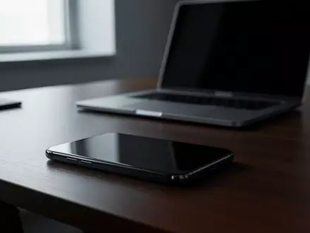 Ein Smartphone mit ausgeschaltetem, reflektierendem Display auf einem dunklen Schreibtisch in einem modernen Büro. - Foto: über boerse-global.de