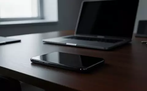 Ein Smartphone mit ausgeschaltetem, reflektierendem Display auf einem dunklen Schreibtisch in einem modernen Büro. - Foto: über boerse-global.de