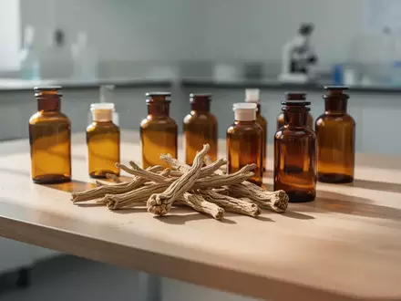 Mehrere braune Glasflaschen und getrocknete Ashwagandha-Wurzeln auf einem Holztisch in einem Labor. - Foto: über boerse-global.de