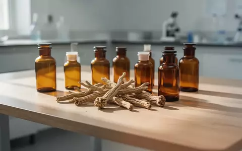 Mehrere braune Glasflaschen und getrocknete Ashwagandha-Wurzeln auf einem Holztisch in einem Labor. - Foto: über boerse-global.de