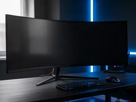 Ein moderner, gebogener Gaming-Monitor auf einem Schreibtisch in einem dezent beleuchteten Raum. - Foto: über boerse-global.de