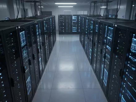 Modernes Server-Rechenzentrum mit blauen LED-Anzeigen in einer dunklen, technischen Umgebung. - Foto: über boerse-global.de