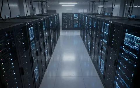 Modernes Server-Rechenzentrum mit blauen LED-Anzeigen in einer dunklen, technischen Umgebung. - Foto: über boerse-global.de