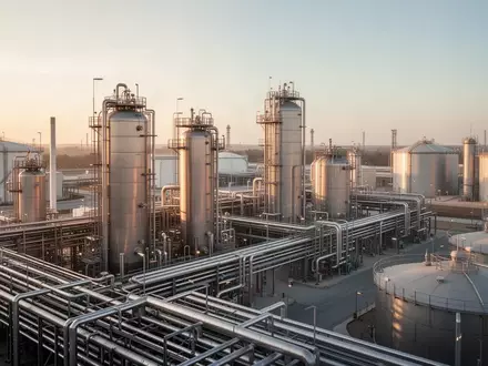 Moderne Industrieanlage mit Stahltanks und Rohrleitungen bei goldenem Licht. - Foto: über boerse-global.de