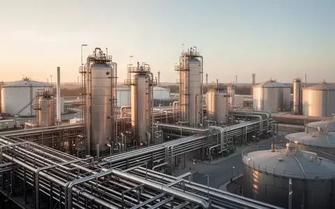 Moderne Industrieanlage mit Stahltanks und Rohrleitungen bei goldenem Licht. - Foto: über boerse-global.de