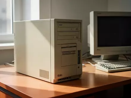 Ein alter beige-farbener Desktop-Computer aus den frühen 2000er Jahren auf einem Holztisch. - Foto: über boerse-global.de