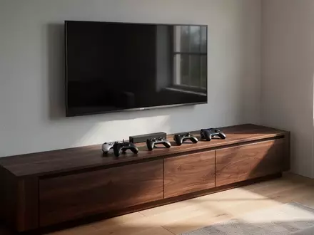 Moderne Spielkonsolen-Controller auf einem hölzernen TV-Möbelstück in einem hellen Wohnzimmer. - Foto: über boerse-global.de