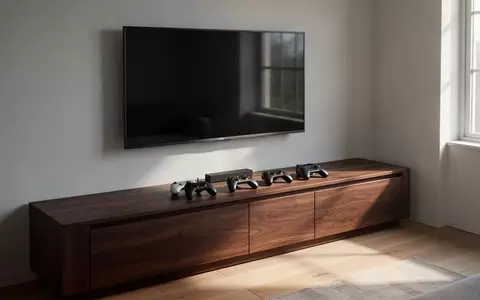 Moderne Spielkonsolen-Controller auf einem hölzernen TV-Möbelstück in einem hellen Wohnzimmer. - Foto: über boerse-global.de