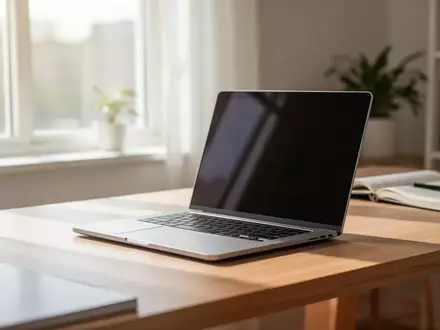 Ein moderner Laptop steht auf einem minimalistischen Schreibtisch in einem hellen, natürlich beleuchteten Büro. - Foto: über boerse-global.de