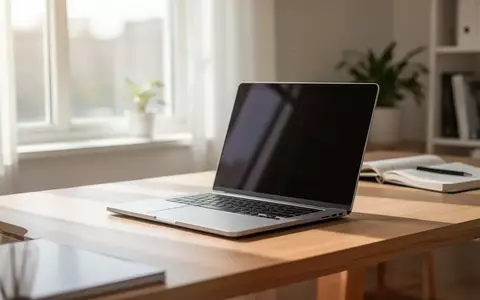 Ein moderner Laptop steht auf einem minimalistischen Schreibtisch in einem hellen, natürlich beleuchteten Büro. - Foto: über boerse-global.de