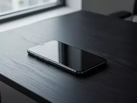 Ein modernes Smartphone liegt auf einem dunklen Holztisch in einem minimalistisch eingerichteten Büro. - Foto: über boerse-global.de