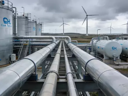 Moderne Wasserstoff-Produktionsanlage mit Windkraftanlagen in einer industriellen Landschaft in Northumberland. - Foto: über boerse-global.de