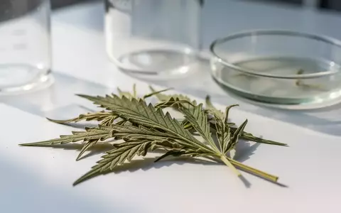 Ein getrocknetes Hanfblatt auf einer sterilen Laboroberfläche mit Laborutensilien im unscharfen Hintergrund. - Foto: über boerse-global.de