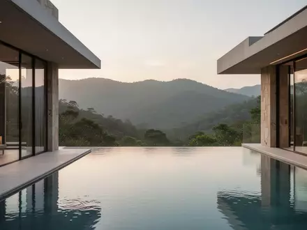 Modernes, minimalistisches Wellness-Resort in einer ruhigen Naturlandschaft bei Sonnenaufgang mit Infinity-Pool. - Foto: über boerse-global.de
