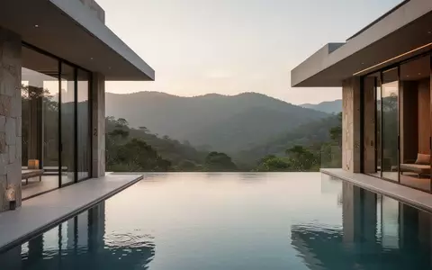 Modernes, minimalistisches Wellness-Resort in einer ruhigen Naturlandschaft bei Sonnenaufgang mit Infinity-Pool. - Foto: über boerse-global.de