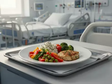 Ein gesundes, frisch zubereitetes Gericht auf einem Krankenhaustablett in einem hellen, modernen Klinikzimmer. - Foto: über boerse-global.de