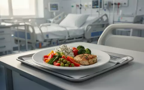 Ein gesundes, frisch zubereitetes Gericht auf einem Krankenhaustablett in einem hellen, modernen Klinikzimmer. - Foto: über boerse-global.de