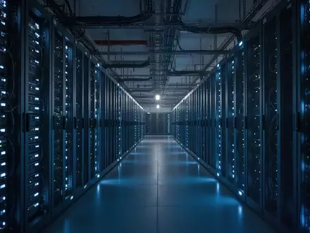 Reihen von Server-Racks in einem modernen Rechenzentrum bei bläulicher Beleuchtung. - Foto: über boerse-global.de