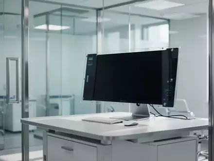 Ein minimalistischer, moderner Arbeitsplatz in einer klinischen Umgebung mit einem inaktiven Monitor und natürlichem Licht. - Foto: über boerse-global.de