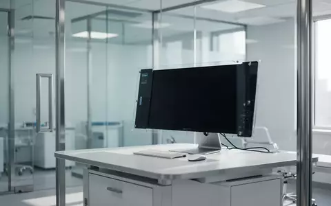 Ein minimalistischer, moderner Arbeitsplatz in einer klinischen Umgebung mit einem inaktiven Monitor und natürlichem Licht. - Foto: über boerse-global.de