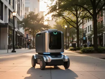 Ein autonomer Lieferroboter fährt auf einem Gehweg in einer modernen Stadt. - Foto: über boerse-global.de