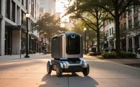 Ein autonomer Lieferroboter fährt auf einem Gehweg in einer modernen Stadt. - Foto: über boerse-global.de