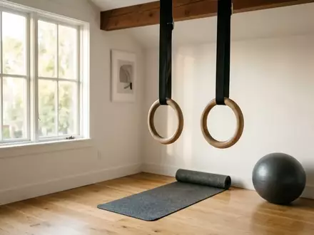 Minimalistisch eingerichteter Heim-Fitnessbereich mit Sportgeräten wie einer Yogamatte und einem Gymnastikball in hellem Licht. - Foto: über boerse-global.de