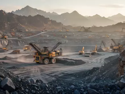 Ein weitläufiger Tagebau in einer bergigen Landschaft bei Sonnenuntergang. - Foto: über boerse-global.de
