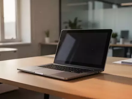 Ein moderner, aufgeräumter Schreibtisch mit einem zugeklappten Laptop in einer professionellen Büroumgebung. - Foto: über boerse-global.de