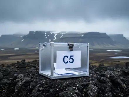 Eine Wahlurne aus Metall auf einem vulkanischen Felsen vor einer weitläufigen, nebligen isländischen Landschaft. - Foto: über boerse-global.de