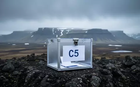 Eine Wahlurne aus Metall auf einem vulkanischen Felsen vor einer weitläufigen, nebligen isländischen Landschaft. - Foto: über boerse-global.de