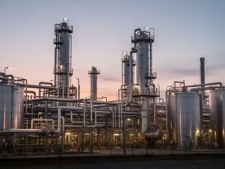 Industrielle Raffinerieanlage bei Dämmerung mit komplexen Rohrleitungssystemen und Destillationstürmen. - Foto: über boerse-global.de