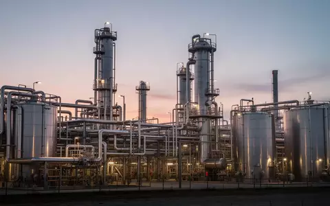Industrielle Raffinerieanlage bei Dämmerung mit komplexen Rohrleitungssystemen und Destillationstürmen. - Foto: über boerse-global.de
