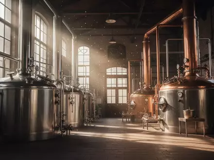 Leere, industrielle Brauereianlage mit Edelstahltanks in einer Produktionshalle bei natürlichem Lichteinfall. - Foto: über boerse-global.de