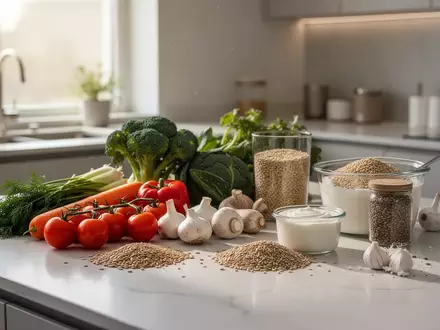 Frische Lebensmittel wie Gemüse und Joghurt auf einer modernen Küchentheke bei natürlichem Lichteinfall. - Foto: über boerse-global.de