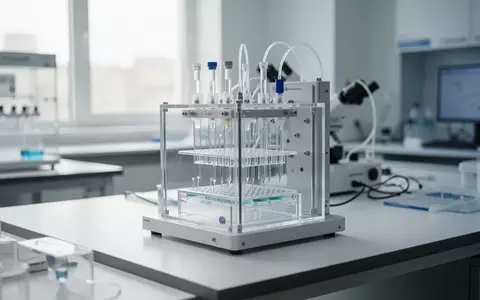 Ein modernes medizinisches Labor mit einem Mikrofluidik-Chip auf einem sterilen Labortisch bei natürlichem Licht. - Foto: über boerse-global.de