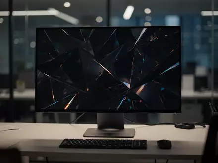 Ein moderner Computerarbeitsplatz mit einem hochwertigen Monitor, der eine abstrakte, dunkle Grafik zeigt. - Foto: über boerse-global.de