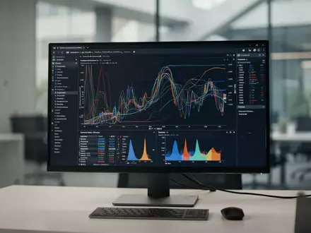 Ein moderner BĂŒroarbeitsplatz mit einem Monitor, auf dem eine komplexe Datenvisualisierung in einem dunklen Raum zu sehen ist. - Foto: ĂŒber boerse-global.de