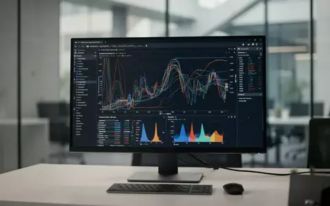 Ein moderner Büroarbeitsplatz mit einem Monitor, auf dem eine komplexe Datenvisualisierung in einem dunklen Raum zu sehen ist. - Foto: über boerse-global.de